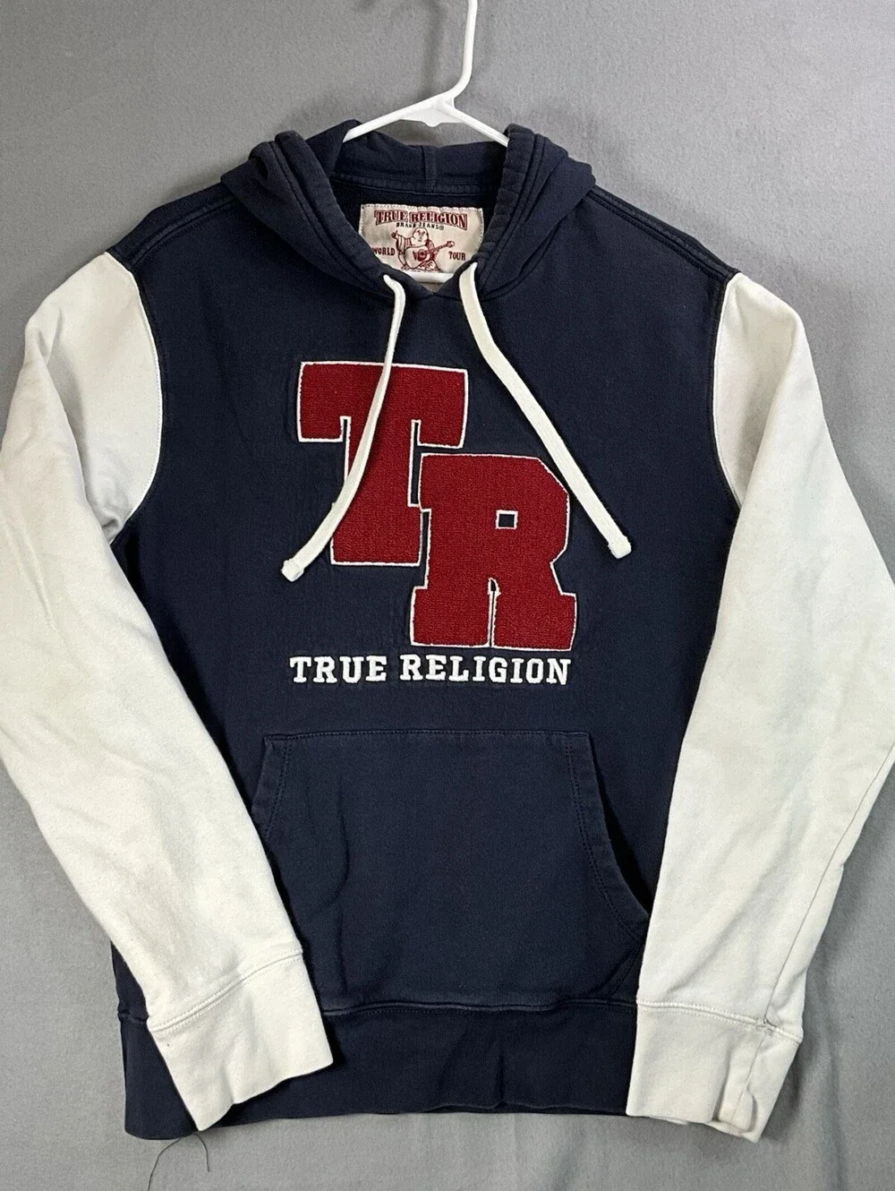 True Religion TR Logo Pullover Hoodie Navy White Colorblock Men's Large